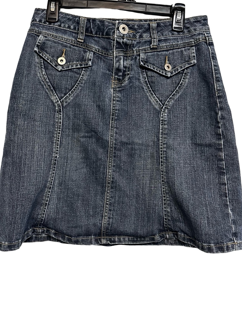 Y2K Baccini Denim Pocket Flare Mini Skirt Size 6 Preppy Pleated Ruffle Whimsy